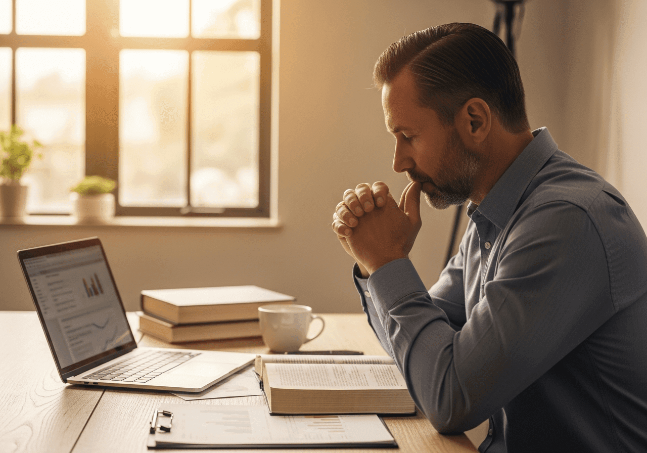 Christian entrepreneur reflecting with an open Bible during business planning