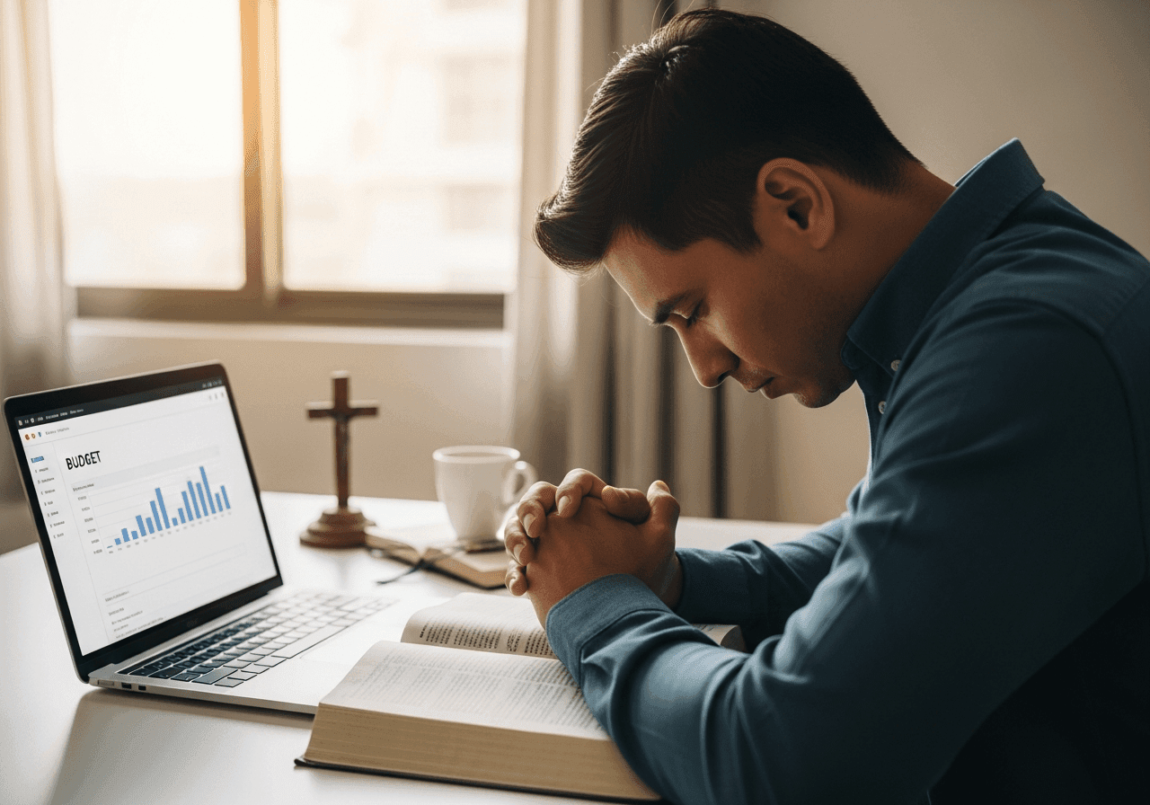 Christian business owner praying over financial decisions with Bible and laptop in home office