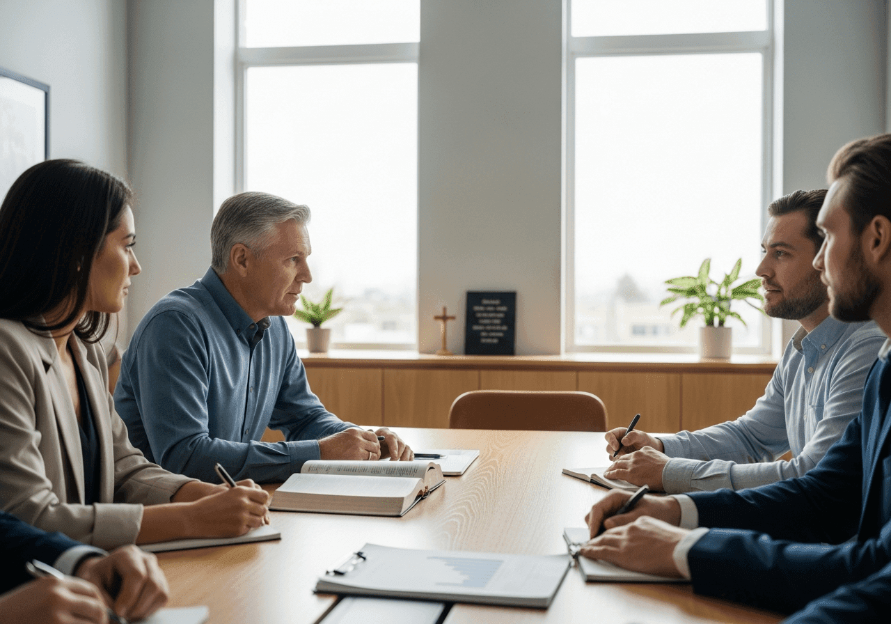 Christian business leader in team meeting with Bible and financial reports, modeling stewardship and integrity