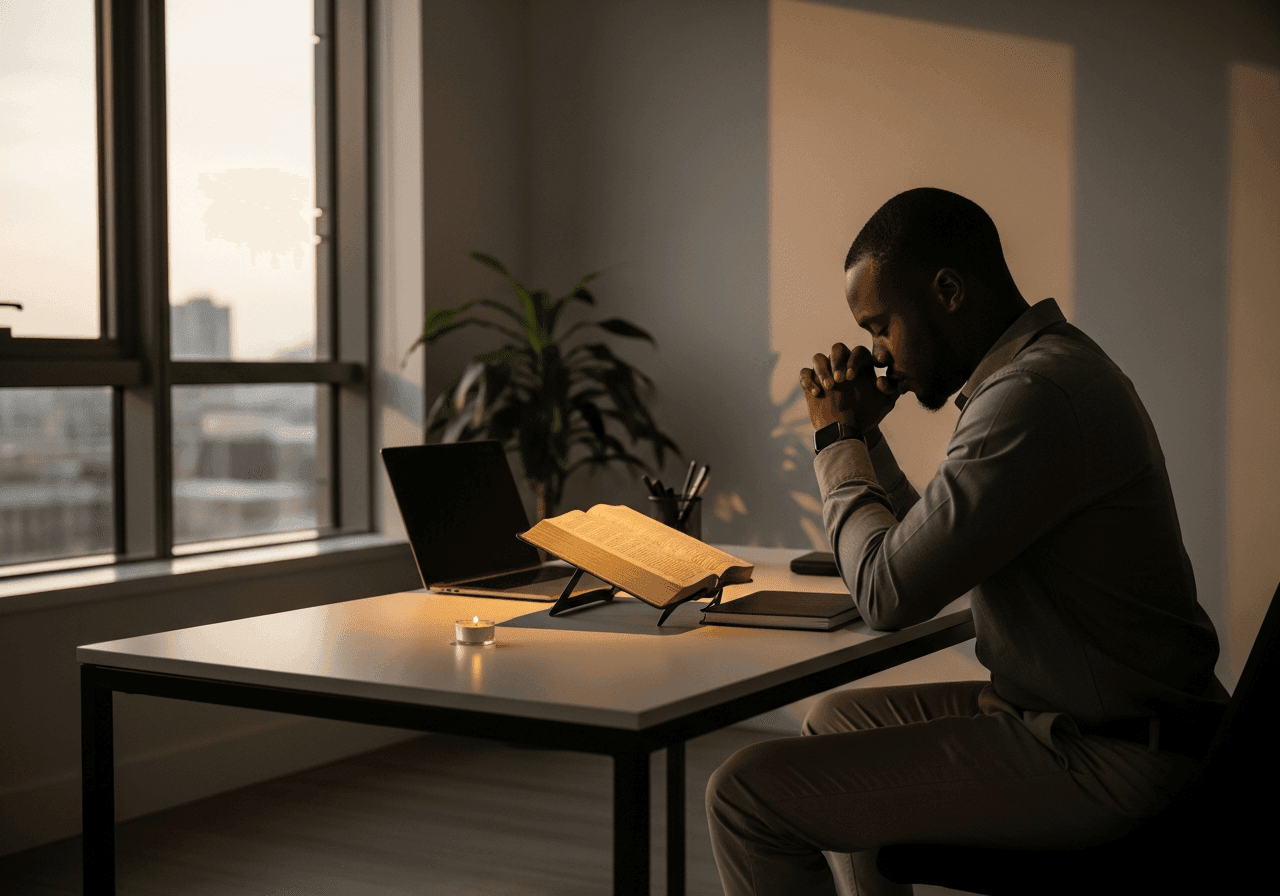 Christian business owner praying at desk with Bible open during sunset