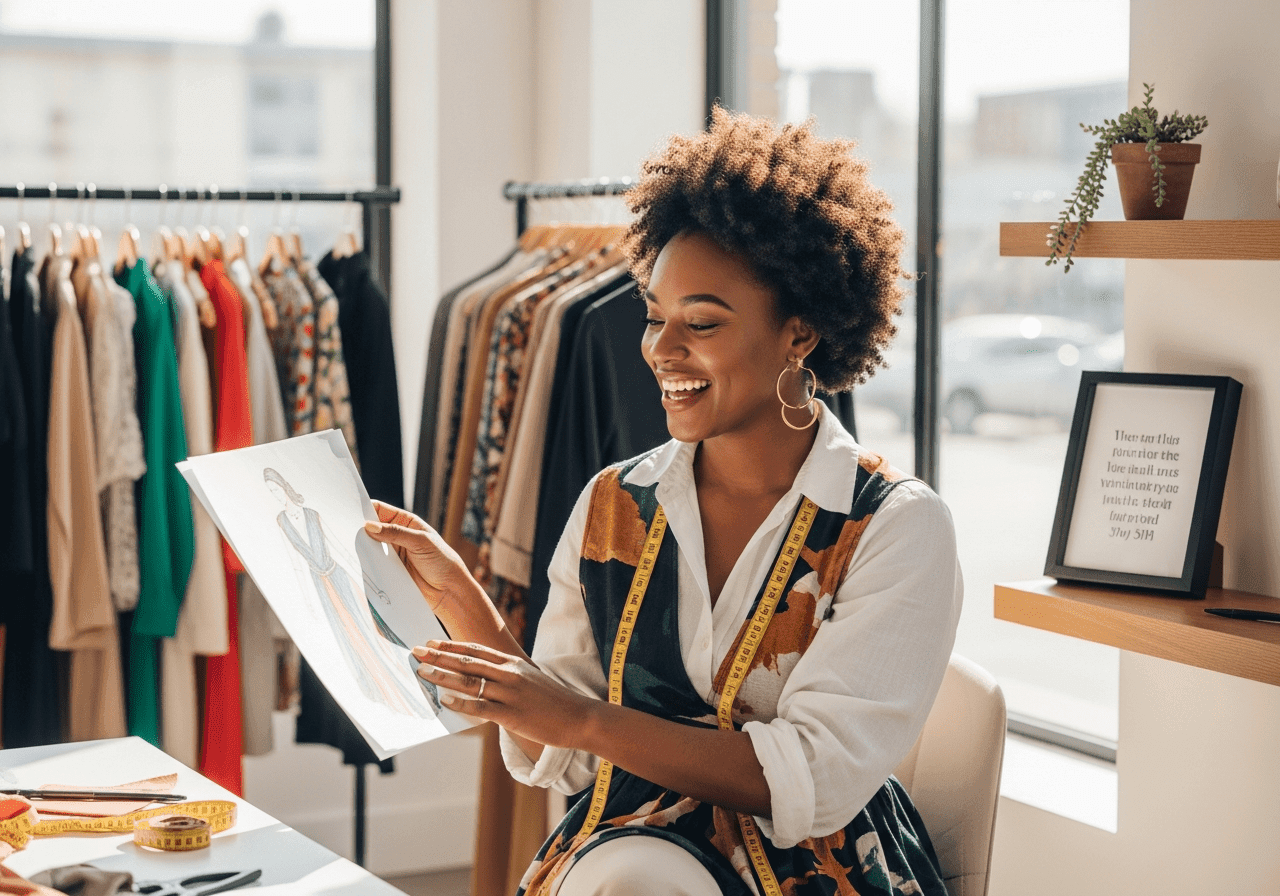 Christian fashion business owner smiling in creative studio after breakthrough