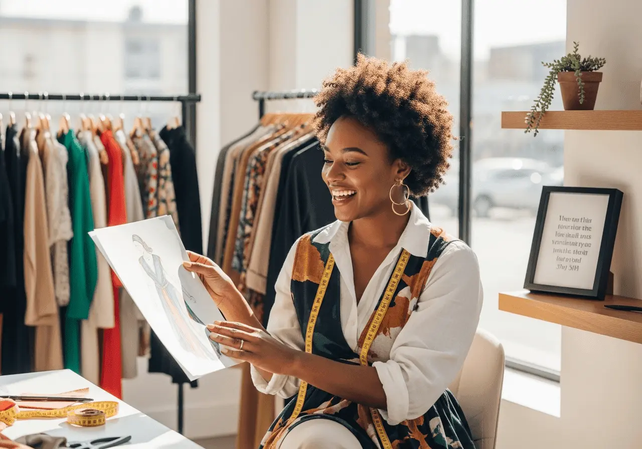 Christian fashion business owner smiling in creative studio after breakthrough