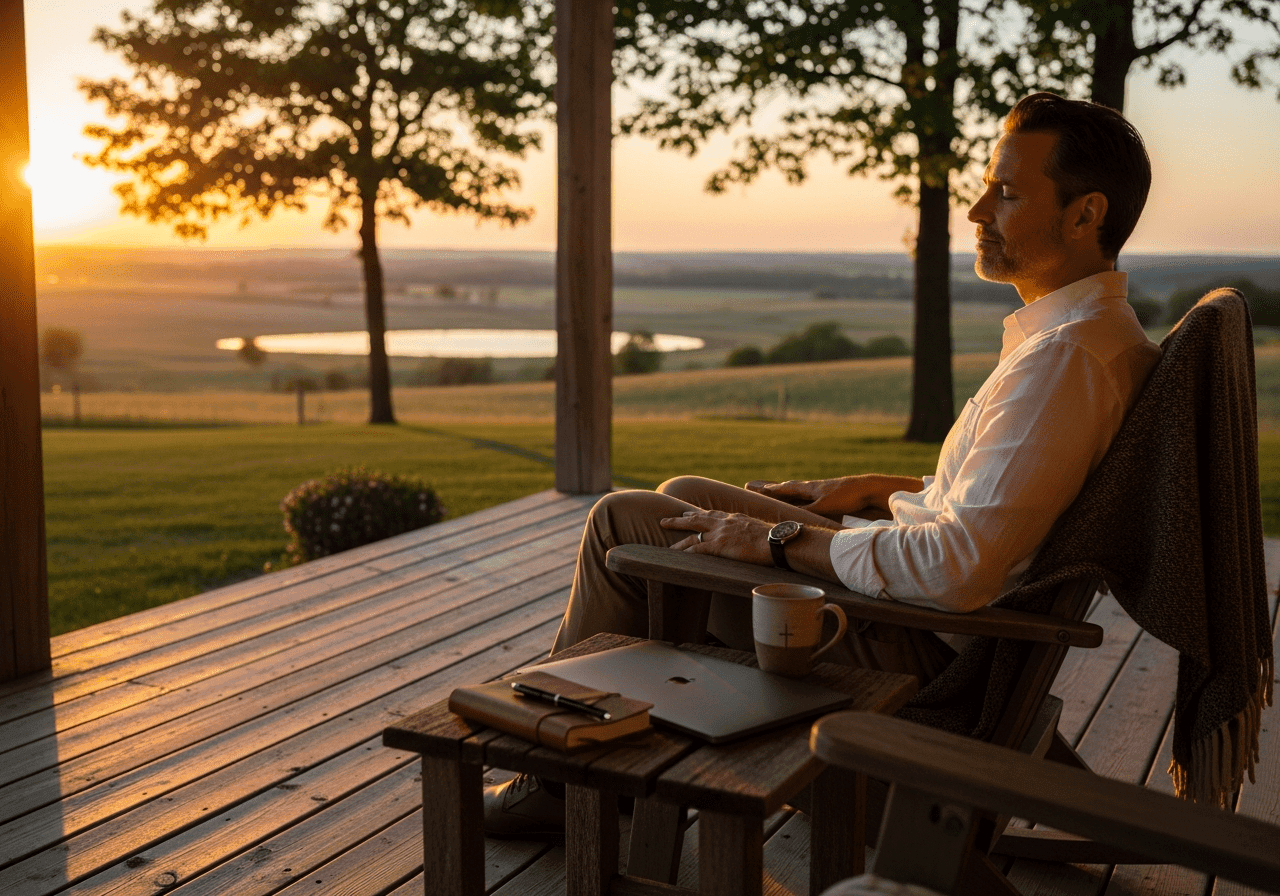 Christian entrepreneur practicing Sabbath rest on a porch at sunset