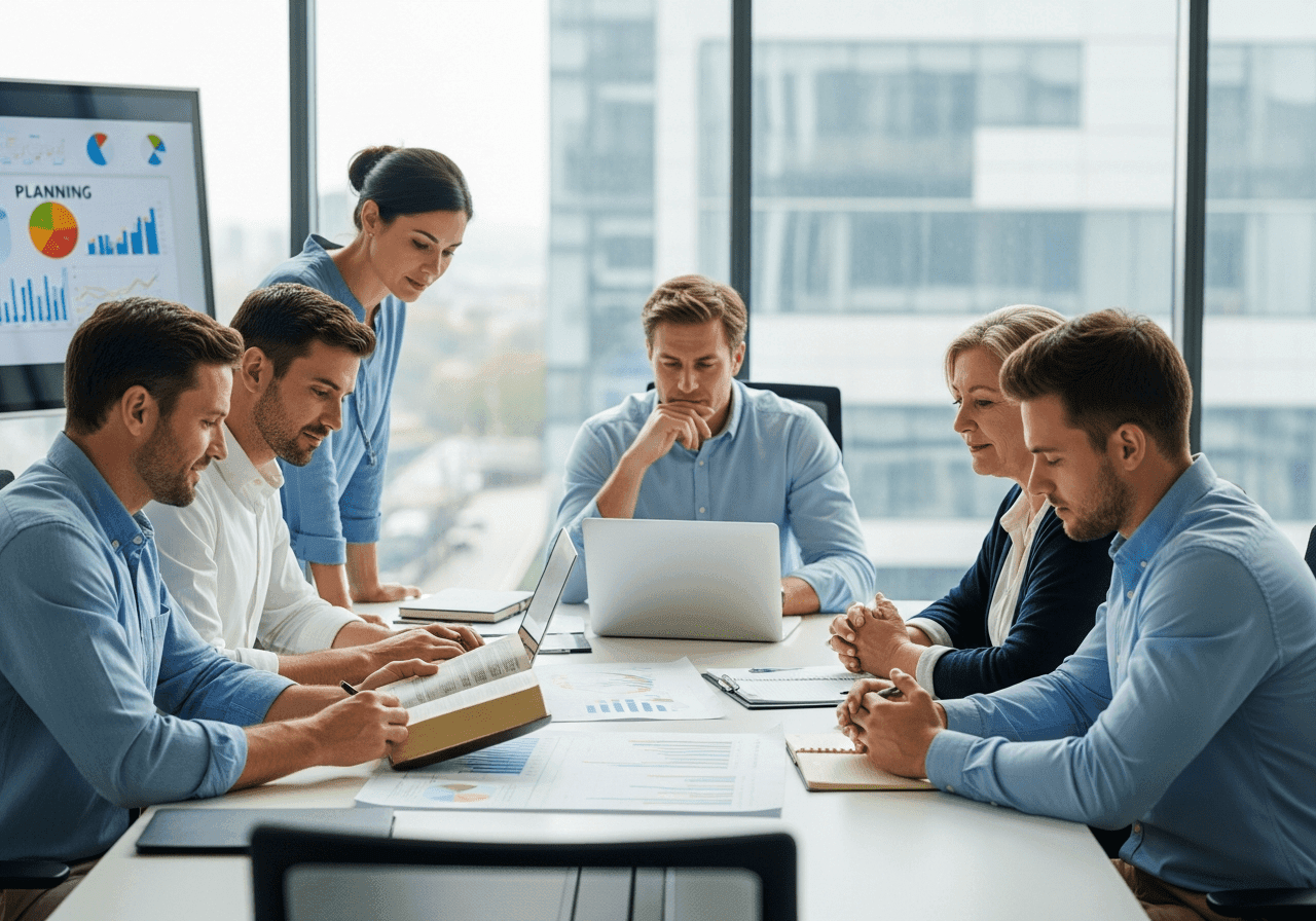 Christian business team aligning their plan with biblical wisdom during a meeting