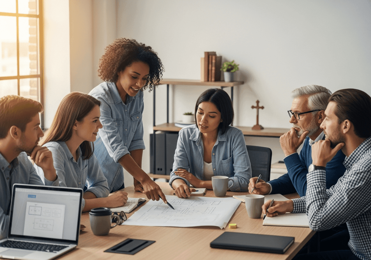 Christian creative team collaborating with varied talents in daylight office