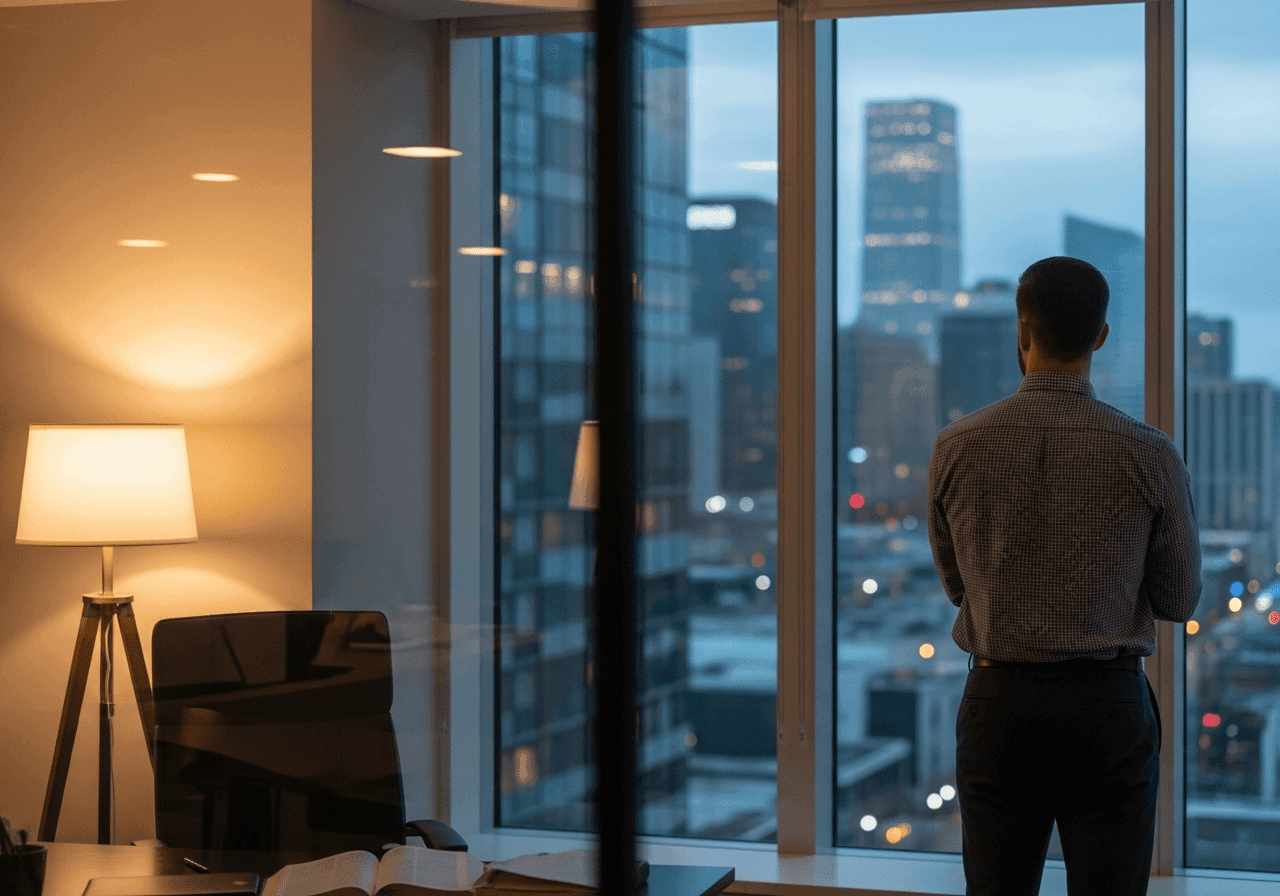 Christian entrepreneur looking out office window reflecting during a leadership transition