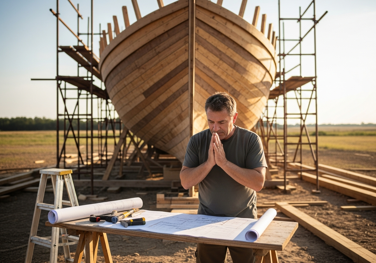 Man building a large wooden boat in sunlight, representing Noah’s faithful construction of the ark