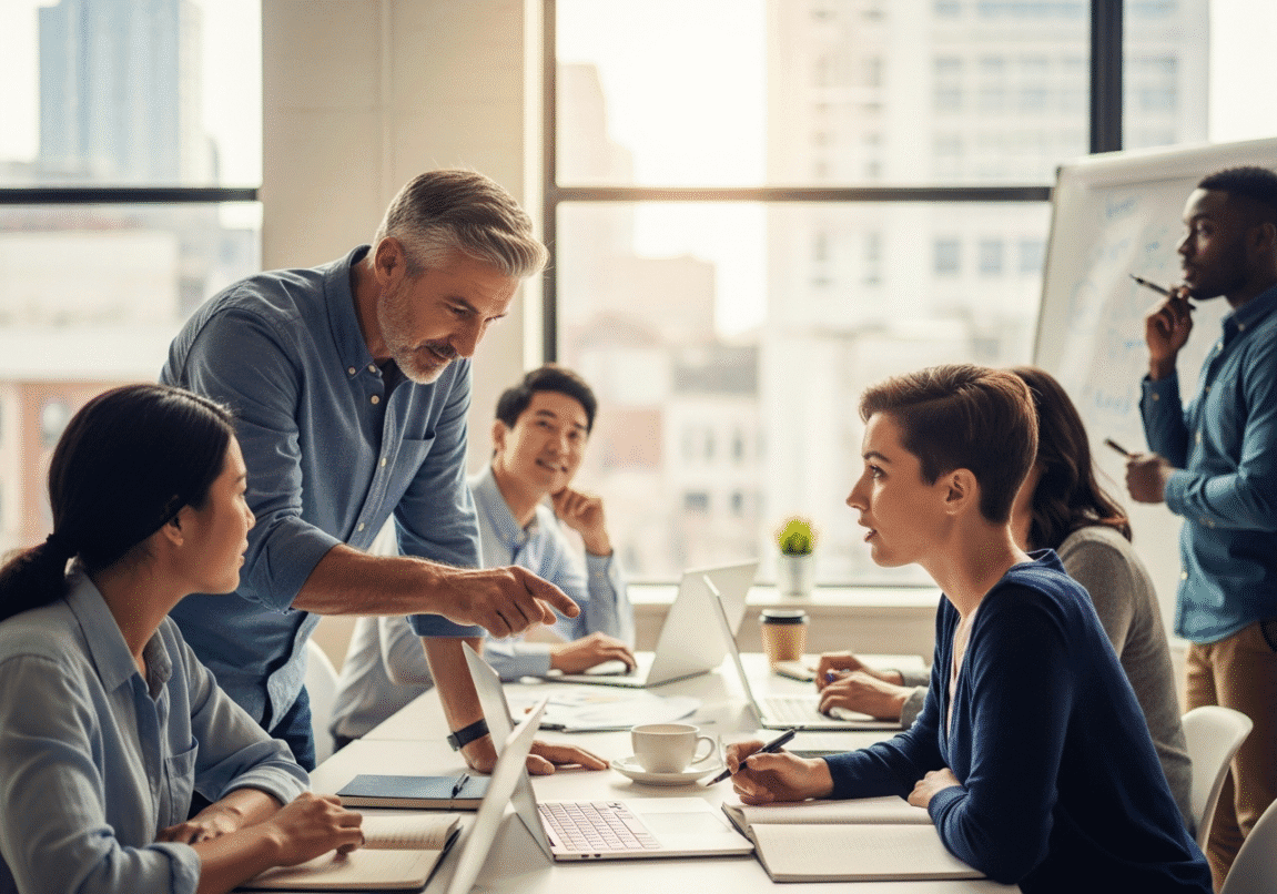 Servant-minded Christian leader collaborating with team members