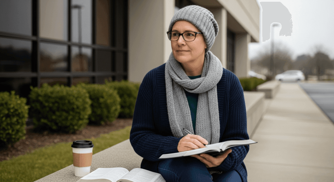 Christian entrepreneur journaling outdoors beside an open Bible during a quiet morning