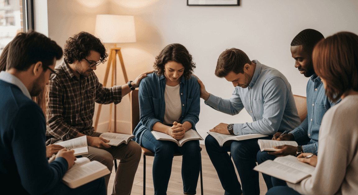 Diverse Christian entrepreneurs in a prayer and mentorship group with Bibles open