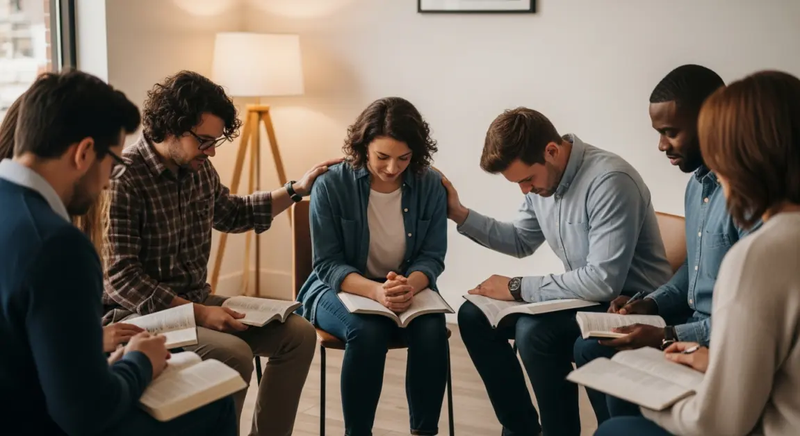 Diverse Christian entrepreneurs in a prayer and mentorship group with Bibles open