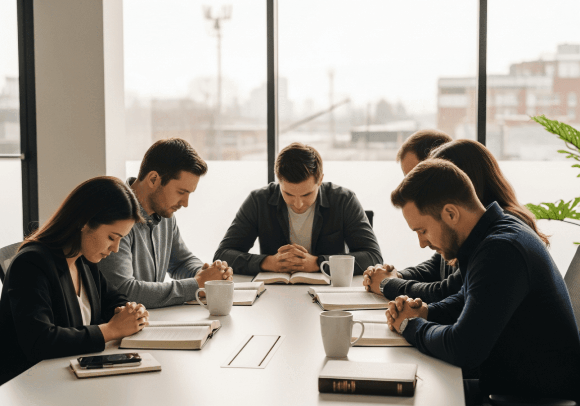 Faith-driven business team praying together before a work session