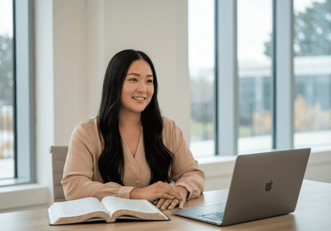 Christian entrepreneur balancing tradition and innovation with a laptop and Bible