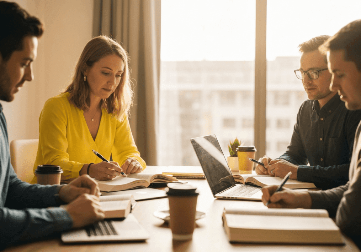 Group of professionals in a modern office engaging in Bible study