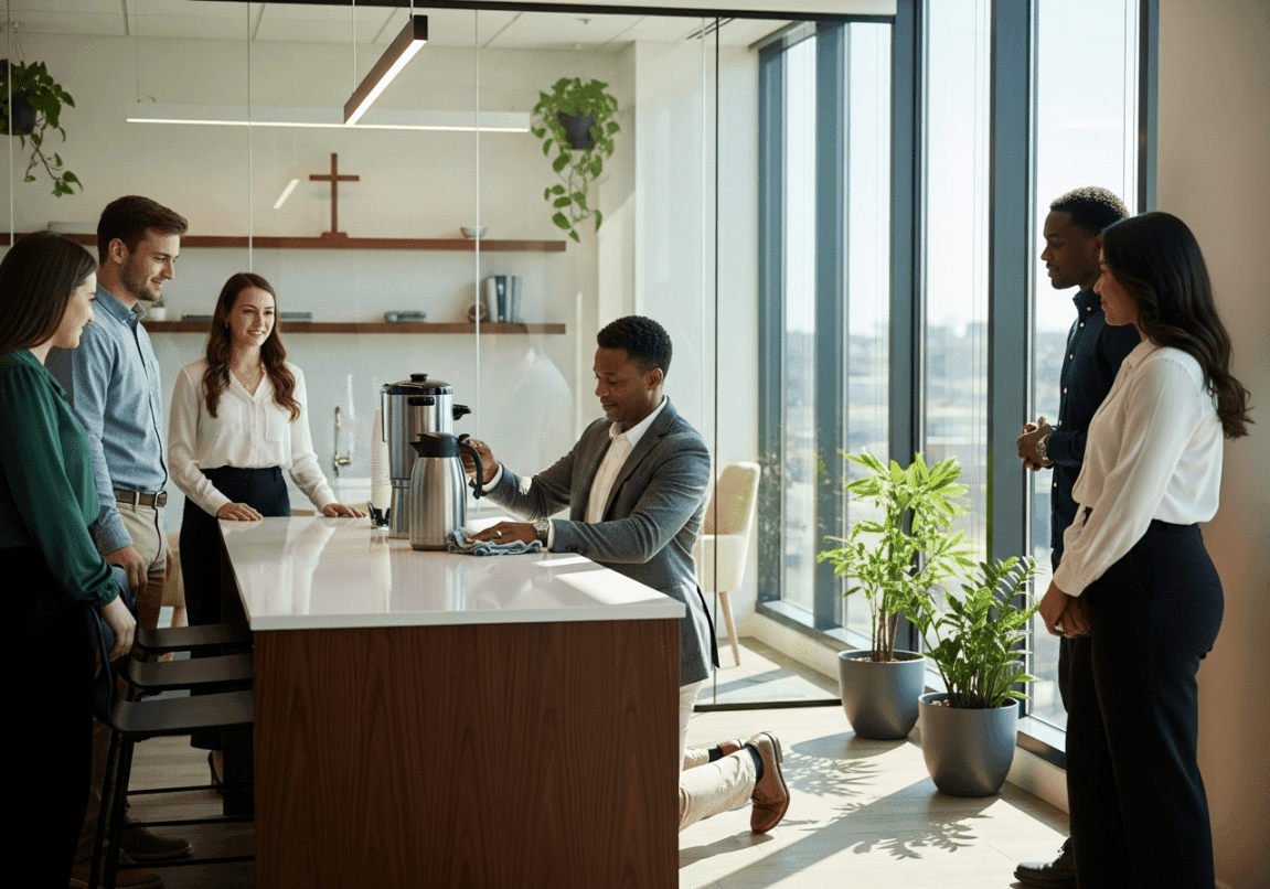 Modern Christian business leader serving coffee to employees in a humble act of leadership