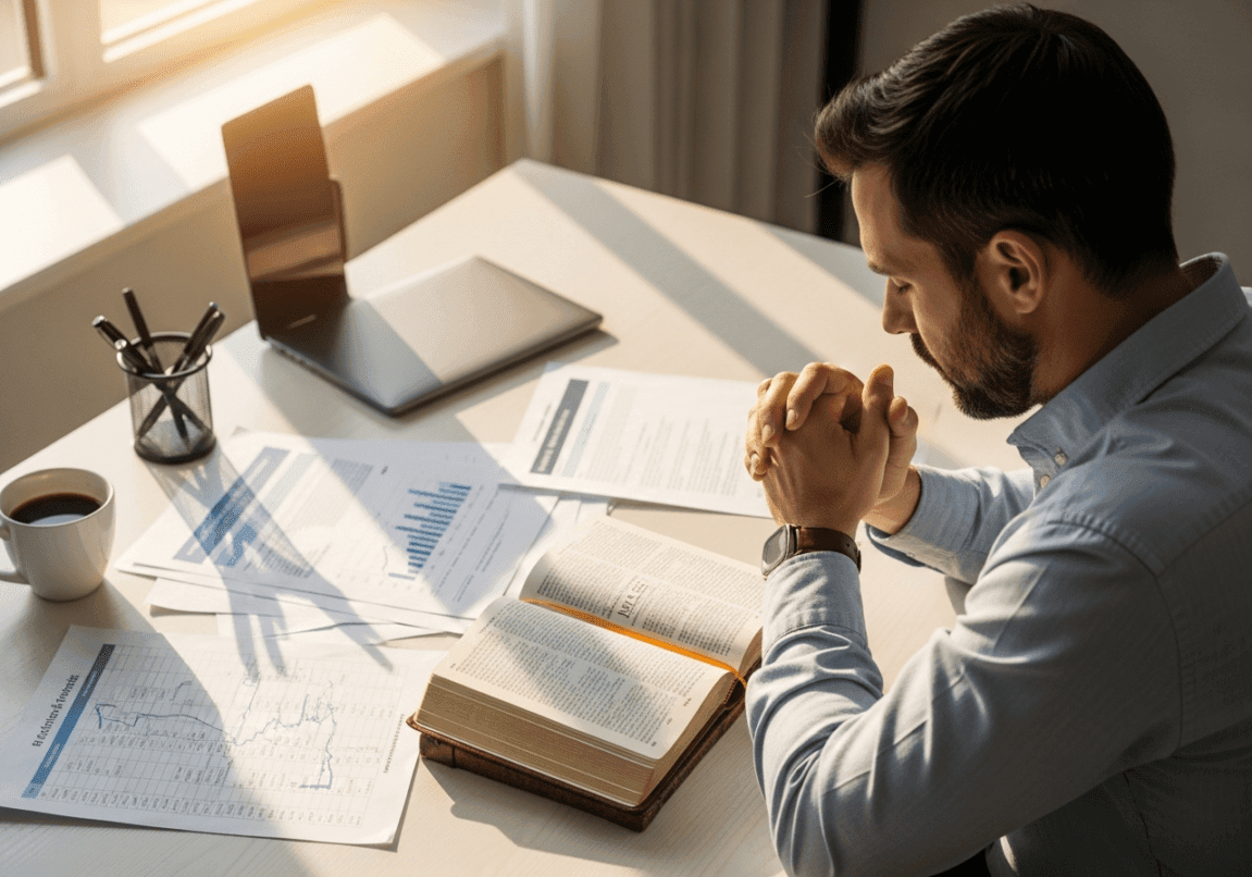 Christian entrepreneur praying over financial reports with Bible open on desk