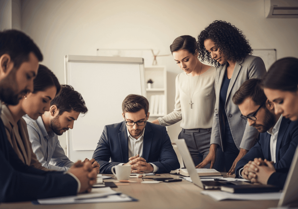 Christian business team praying before a strategic vision meeting in modern office
