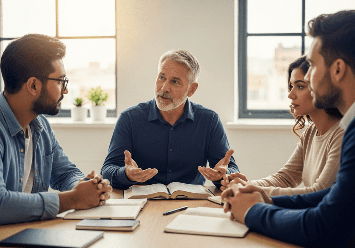 Christian business mentor advising two entrepreneurs during a financial accountability meeting