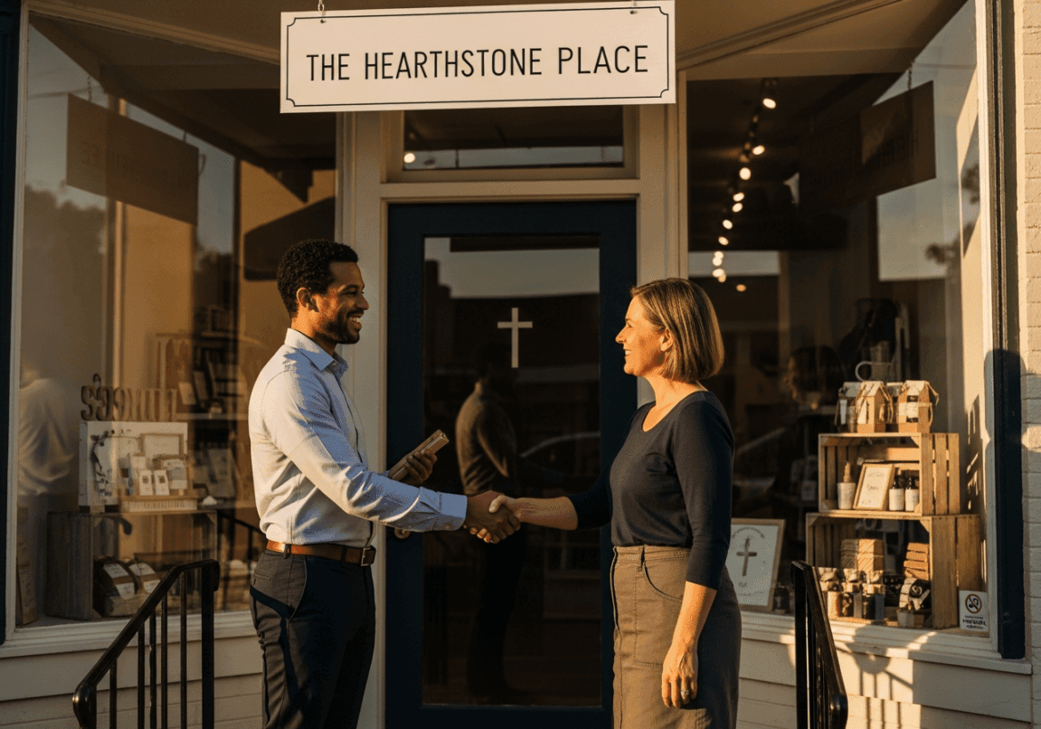 Faith-driven entrepreneur smiling while supporting local ministry after becoming debt-free