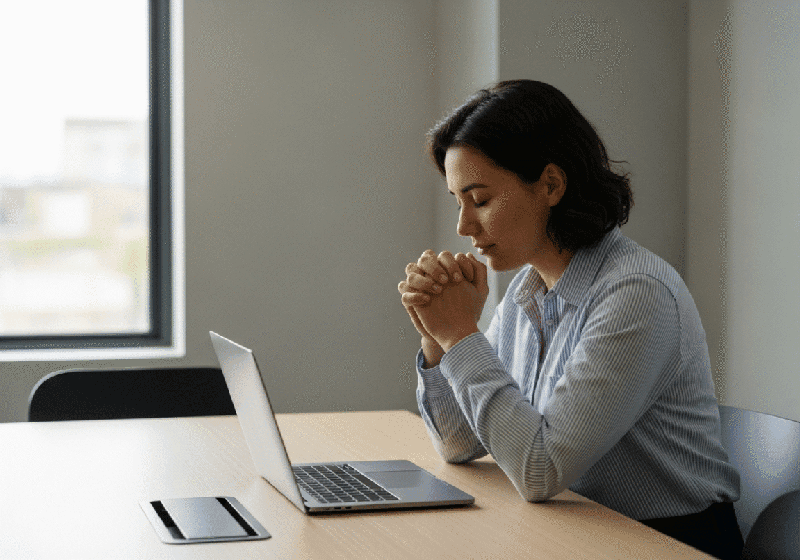 Christian entrepreneur sitting silently in prayer at a meeting table before a work decision