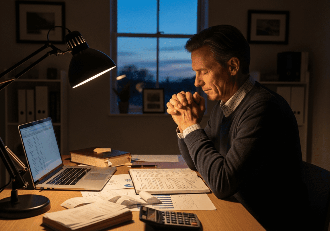 Christian entrepreneur praying at desk over financial paperwork and Bible