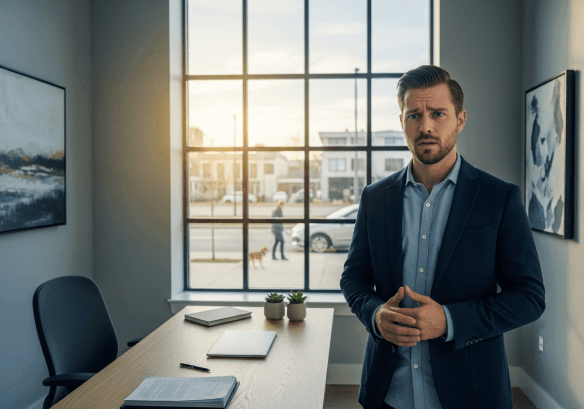 Faith-based entrepreneur staring out window, wrestling with fear and indecision