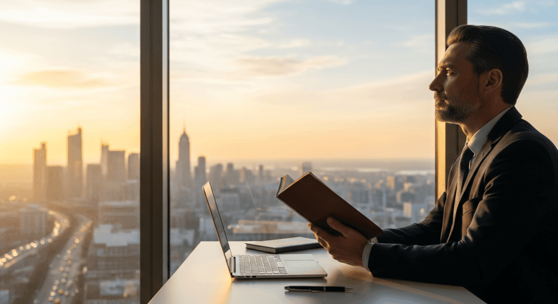 Christian entrepreneur reflecting at window with Bible open overlooking cityscape
