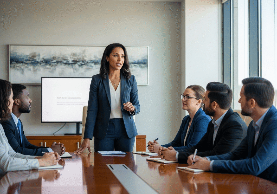Christian woman boldly sharing convictions during business meeting with attentive colleagues