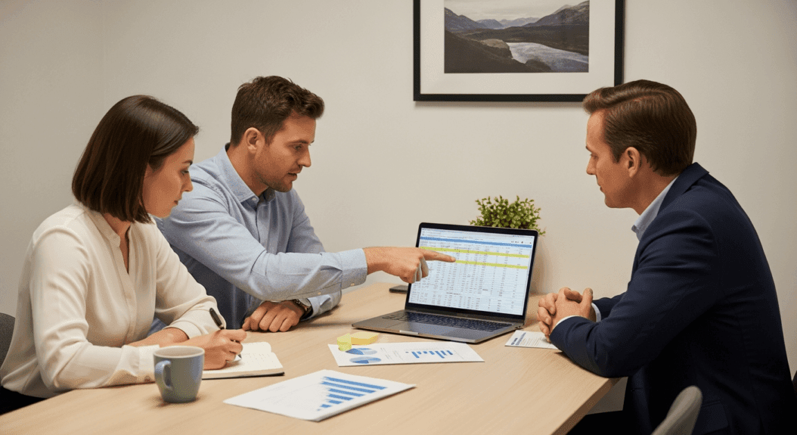 Christian team in office reviewing finances with focus and accountability