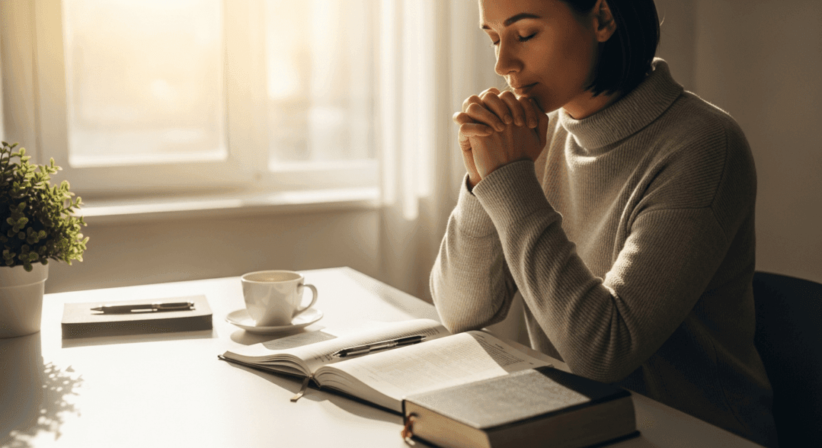 Faith-driven businessperson praying at desk with planner and Bible