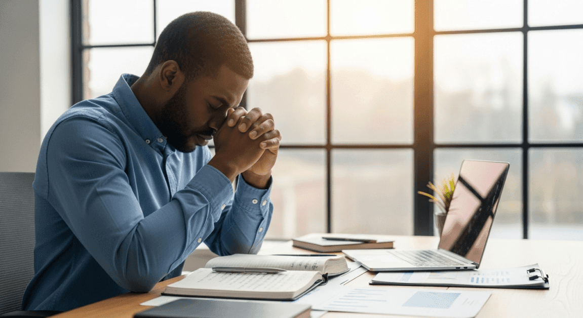 Christian entrepreneur praying at his desk with financial documents and Bible open