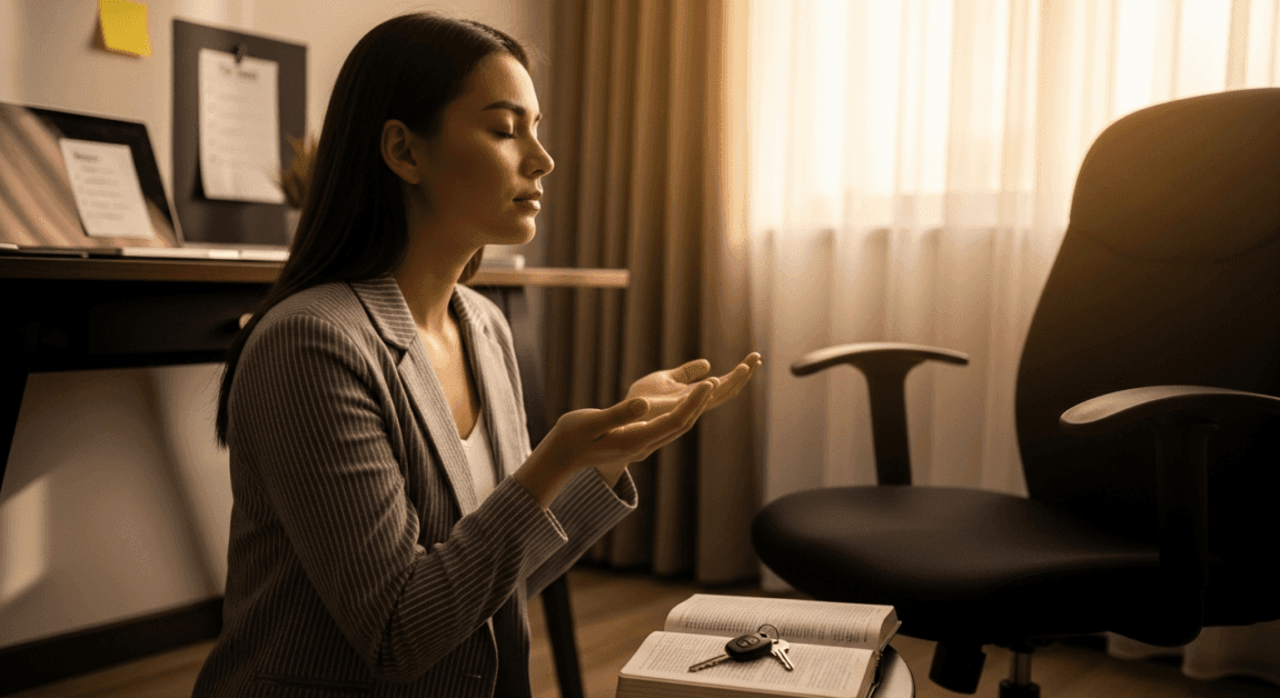 Christian businesswoman kneeling by her office chair, praying with open hands and Bible nearby