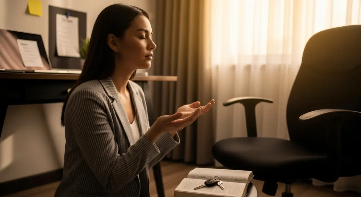 Christian businesswoman kneeling by her office chair, praying with open hands and Bible nearby