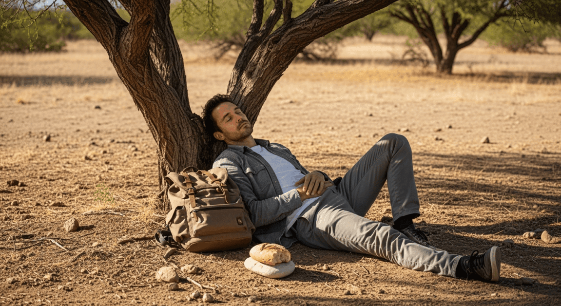 Tired man resting peacefully under a tree in dry wilderness with backpack and simple meal nearby