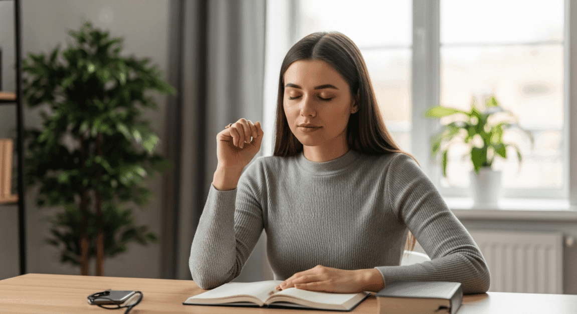 Christian entrepreneur praying with journal and Bible at desk during morning quiet time