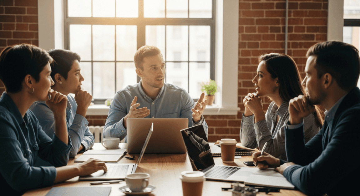Small group of Christian professionals discussing ideas together in a bright coworking space