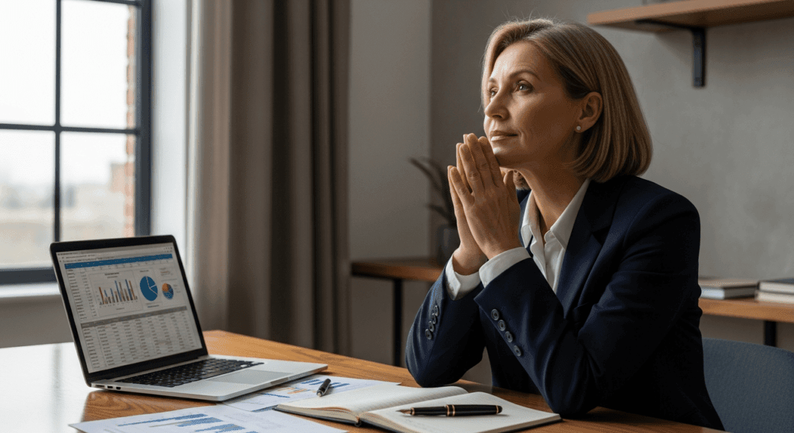 Christian business leader quietly praying in modern office, seeking God's guidance