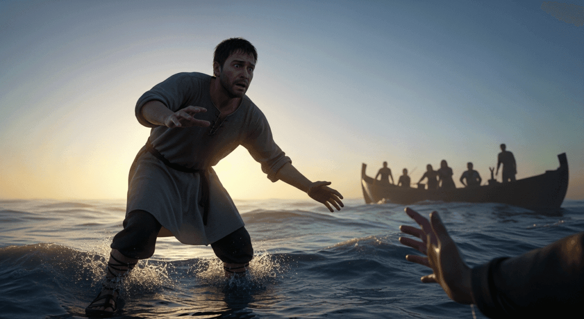 Biblical Peter starting to sink while walking on water, reaching out in doubt