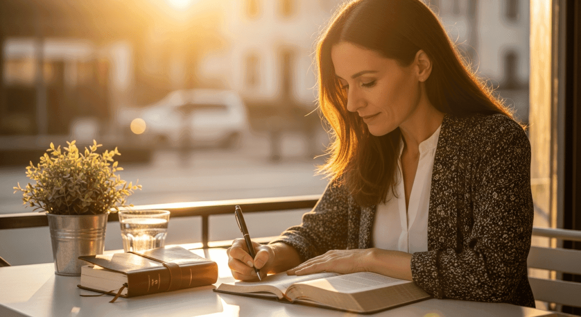 Christian woman reflecting and journaling about God's faithfulness at outdoor café