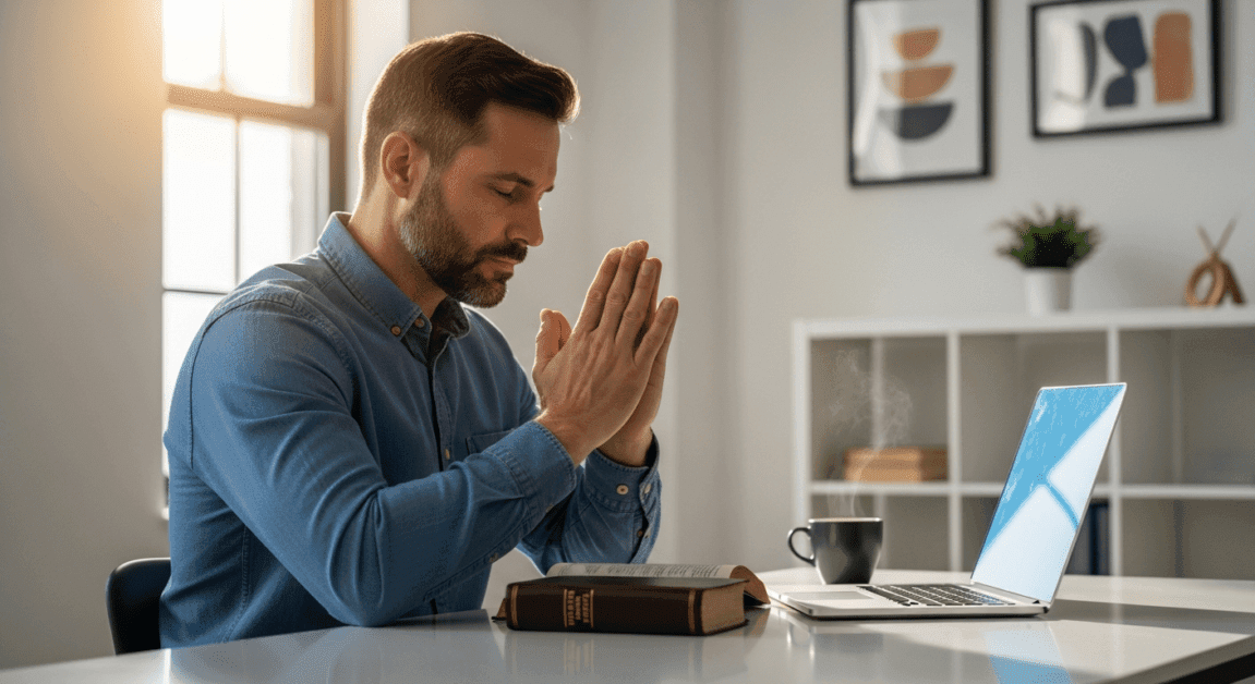 Christian entrepreneur praying at desk before making a decision
