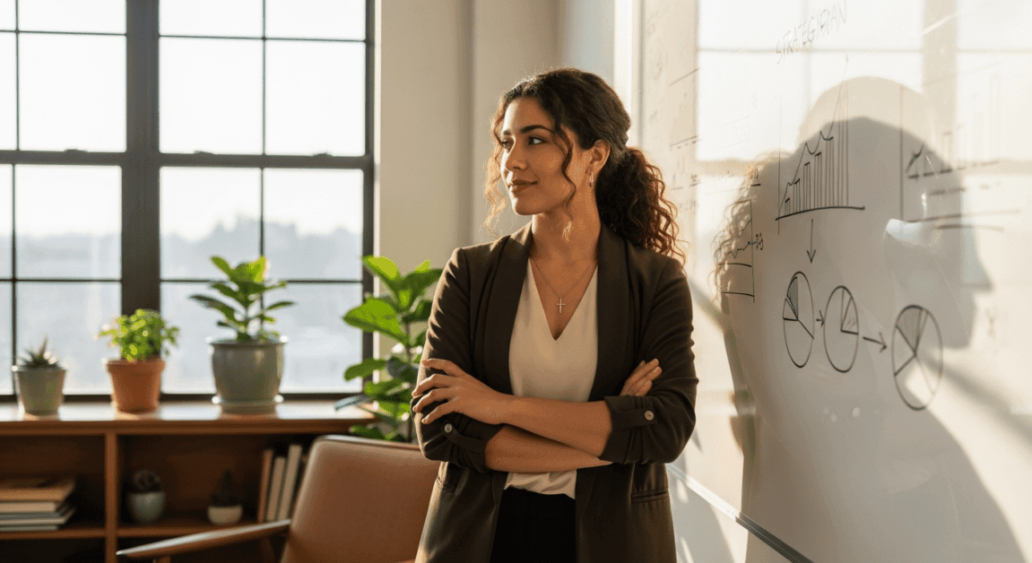 Christian businesswoman reflecting near window before making expansion decision