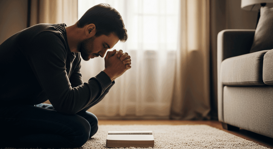 Christian entrepreneur praying alone in early morning wrestling with business doubts
