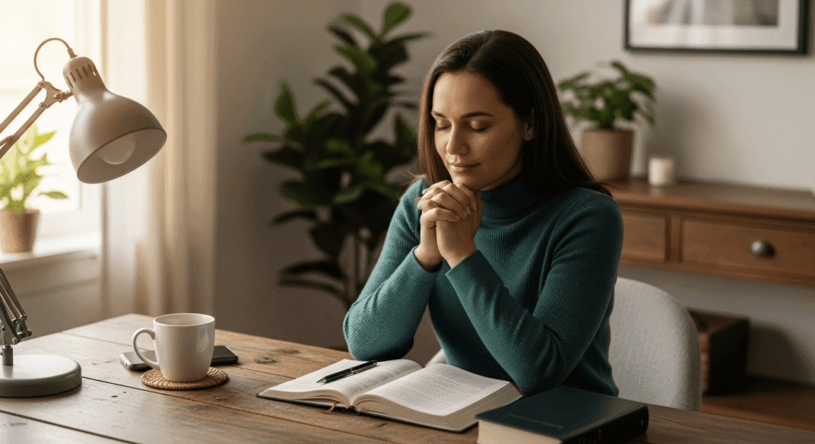 Christian entrepreneur praying at desk with Bible and journal open