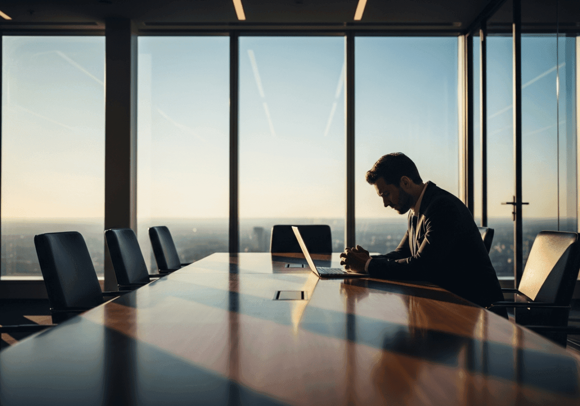 Christian business owner praying alone at dusk in a modern boardroom