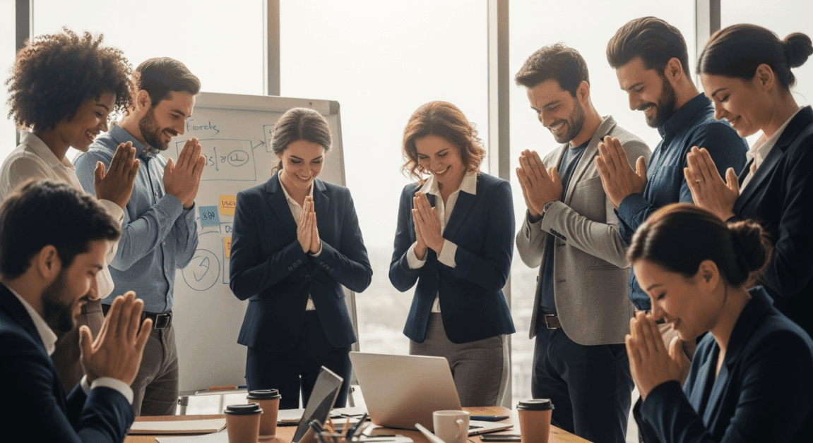 Faith-based team holding hands and praying before a business brainstorming session