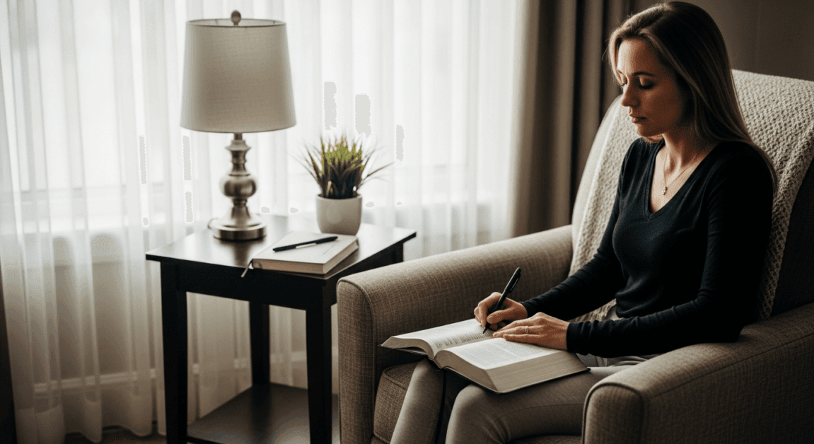 Cozy prayer corner with Bible and journal in morning light