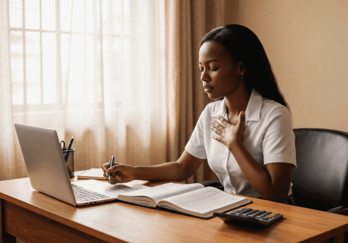Young Christian businesswoman in Kenya praying over business finances at her desk with open spreadsheets