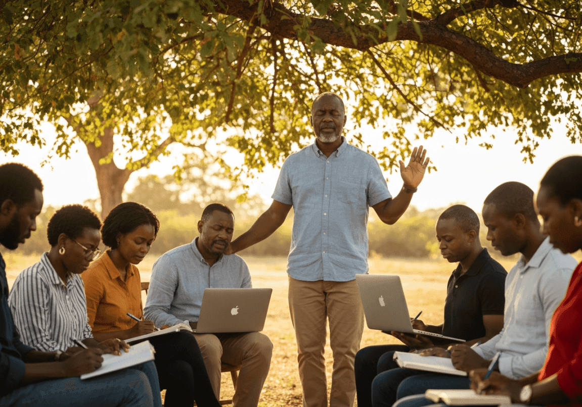 Christian tech leader guiding outdoor prayer and planning session with team in South Africa