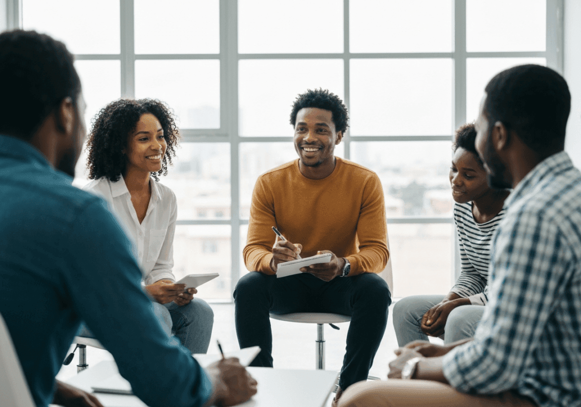 HR leader in Ghana conducting a heartfelt vision-sharing session with diverse employees