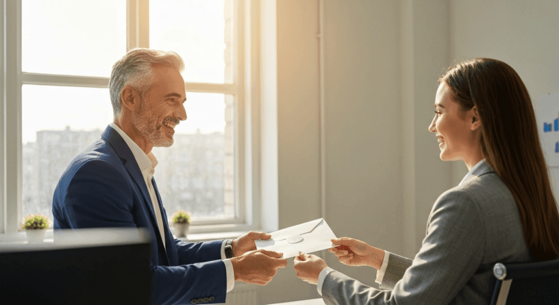 Christian business leader joyfully giving an envelope to a younger colleague in a modern office